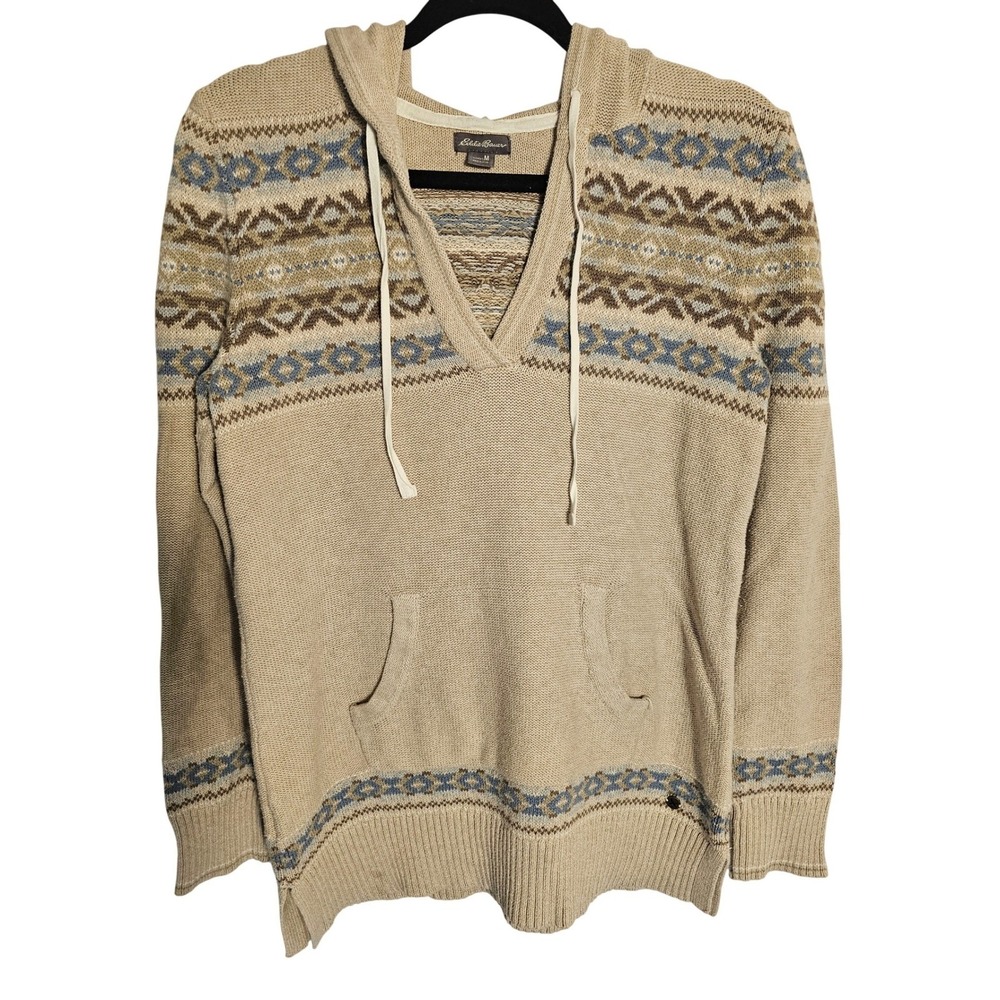 Eddie Bauer Women's Medium Fair Isle Knit Hoodie Sweater Beige Blue Size M